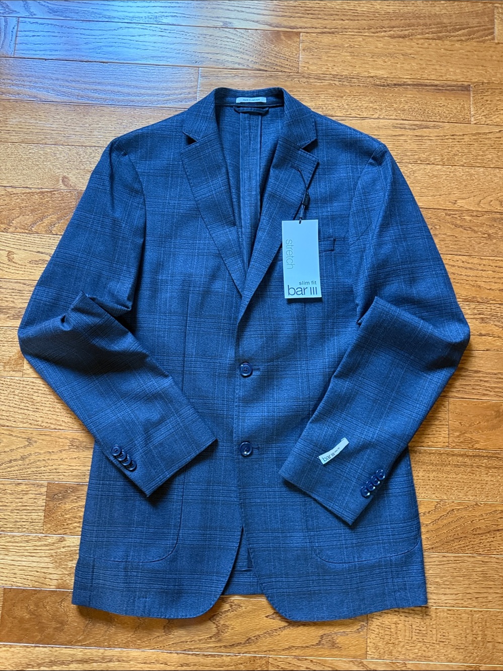 Bar III Navy Blue/Tan Plaid Sport Coat Blazer —Size 38 L